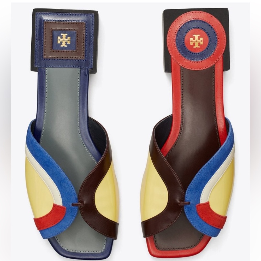 Tory Burch Colorblock Sandals in Red, Blue, Yellow, and Brown